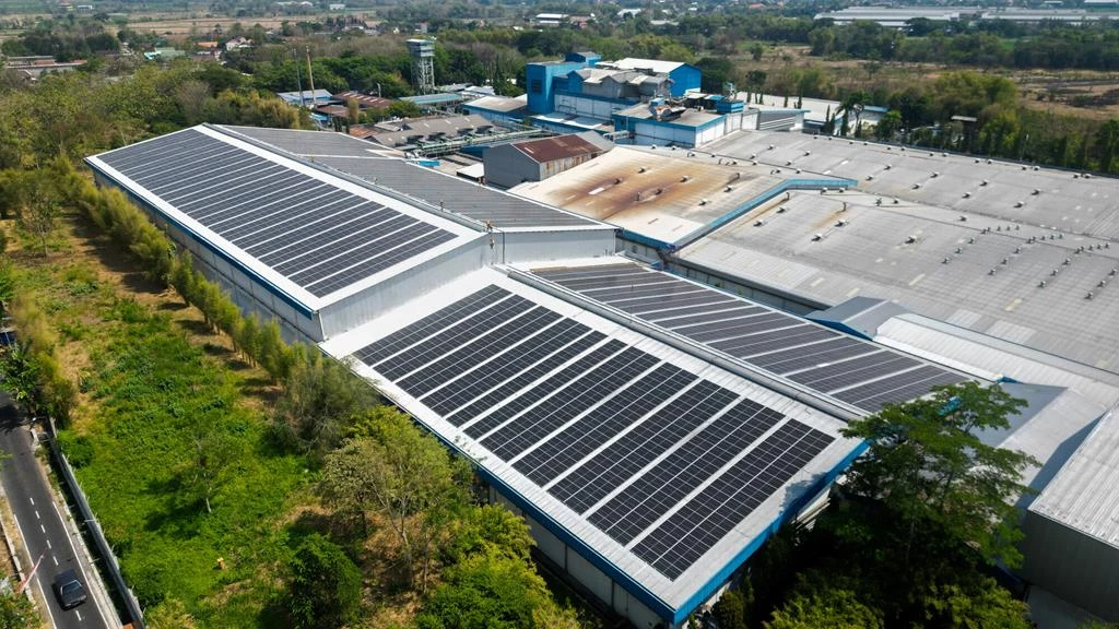 Veduta aerea di capannoni industriali con pannelli solari sui tetti grigi, alberi verdi e una strada laterale